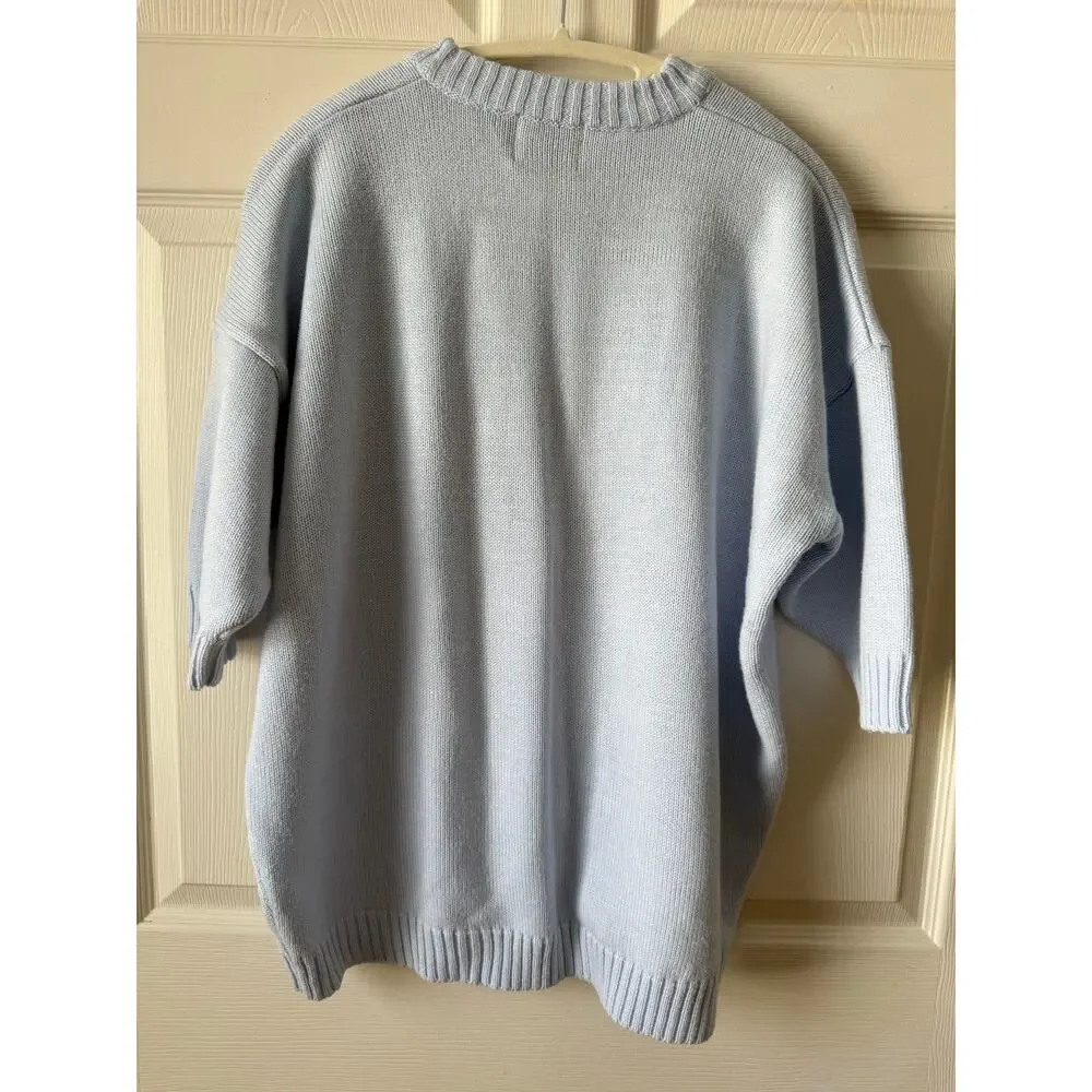 Vintage Express 1987 Light Blue Cotton Sweater Short Dolman Sleeve Oversized L